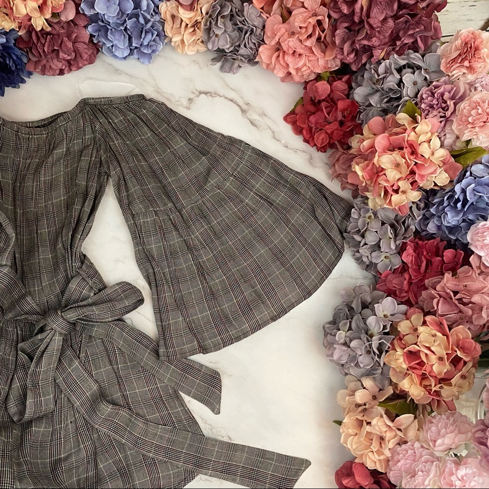 Flirty Gray Plaid Off-the-Shoulder Romper Jumpsuit - Picture 13 of 16